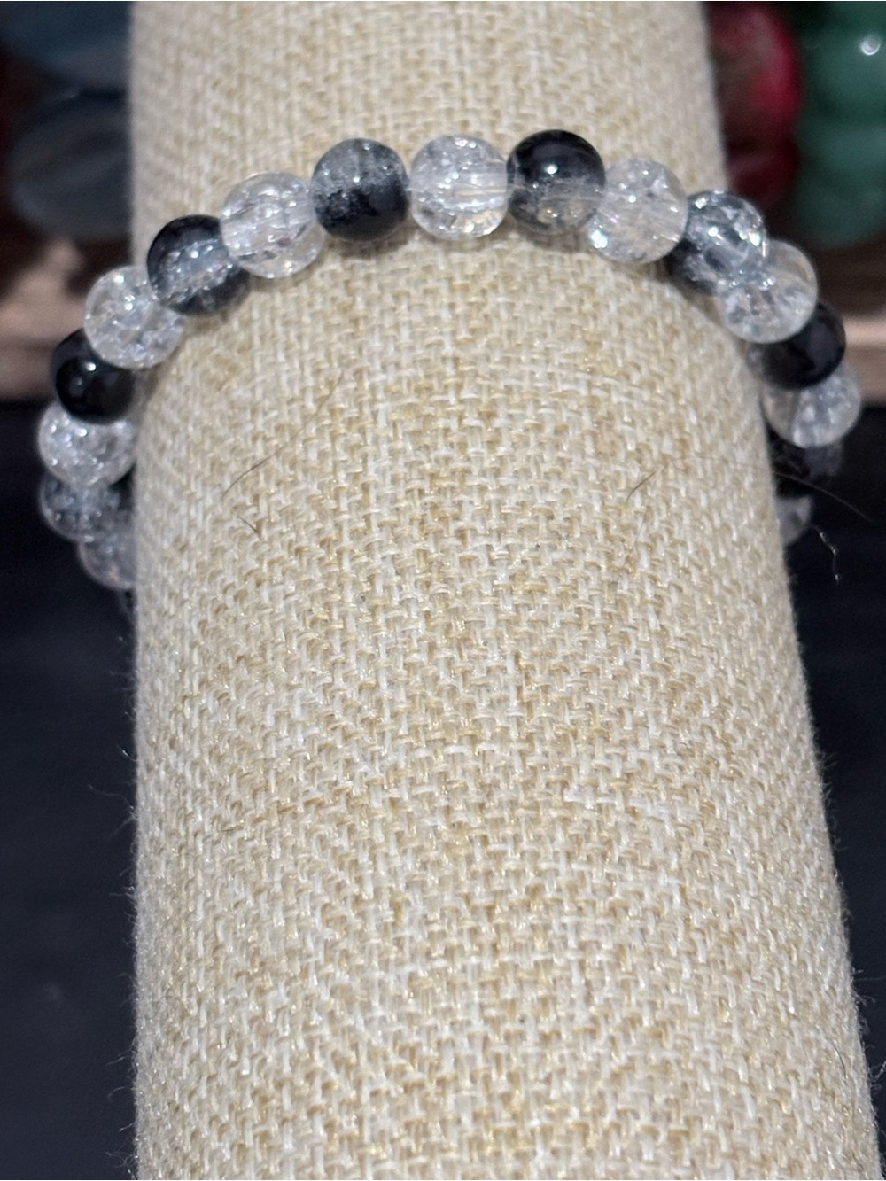 Handcrafted white and black glass beaded bracelet